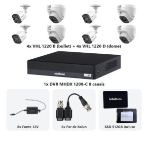 Kit 8 Cameras VHL 1220 B e D + DVR MHDX 1208-C 8 Canais + SSD 512GB + Fontes + Baluns