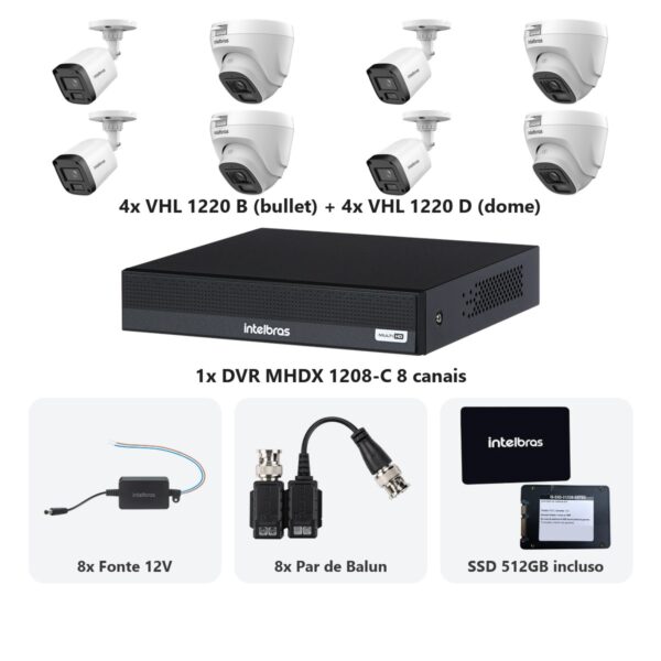 Kit 8 Cameras VHL 1220 B e D + DVR MHDX 1208-C 8 Canais + SSD 512GB + Fontes + Baluns