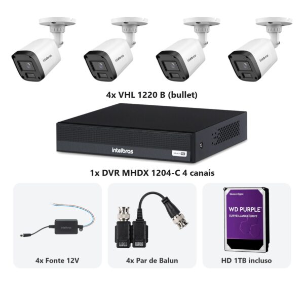 Kit 4 Cameras VHL 1220 B + DVR MHDX 1204-C 4 Canais + HD 1TB + Fontes + Baluns